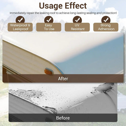 RV Roof Coating White 1 Quart Waterproof Sealant For Camper Motorhome And Trailer Roofs Solar Reflective Leak Proof Keeps Interior Dry Durable Flexible Formula For Long Lasting Water Tight Seal And Solar Reflection To Protect Your Vehicle before and after application on RV roof.