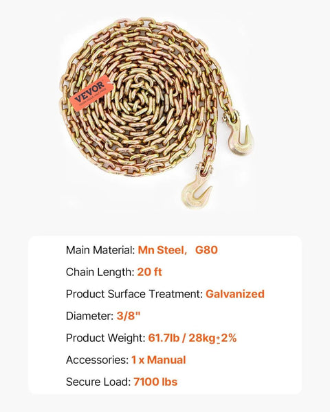 Coiled Three Eighths Inch 20 Foot G80 Tow Chain With Grab Hooks Galvanized Manganese Steel 7100 Lb WLL DOT Certified Two Pack