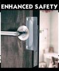 Heavy Duty Door Latch Guard Plates Two Pack Security Strike Plates Solid Carbon Steel Build, installed on door, close-up view.