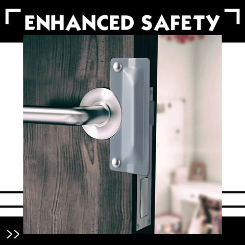 Heavy Duty Door Latch Guard Plates Two Pack Security Strike Plates Solid Carbon Steel Build, installed on door, close-up view.