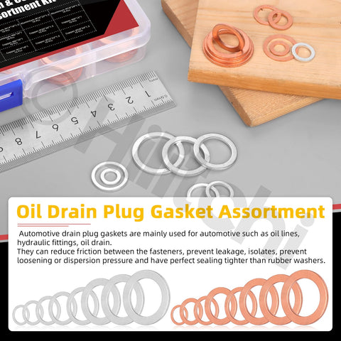 Oil Drain Plug Gasket And Washer Set 160Pcs in 16 Sizes M6 to M20 with aluminum and copper washers and a storage box