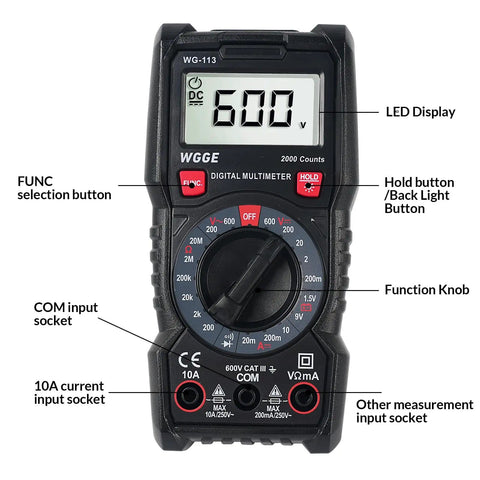 Beefy Digital Multimeter With Case For Home DIY And Auto Troubleshooting, showing LED display and function knobs