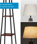 Farmhouse Style 65 Inch Floor Lamp With Three Tier Wood Shelves And Beige Linen Drum Shade showing shelves and shade details