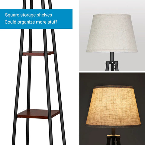 Farmhouse Style 65 Inch Floor Lamp With Three Tier Wood Shelves And Beige Linen Drum Shade showing shelves and shade details