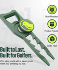 Seven In One Metal Golf Divot Tool With Magnetic Ball Marker And Tee Height Setter Includes Bottle Opener Groove Cleaner Putting Alignment And Club Tee A Durable Green Accessory Gift For Men And Women displayed with rust-resistant features and pocket-friendly design.