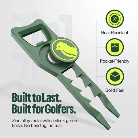 Seven In One Metal Golf Divot Tool With Magnetic Ball Marker And Tee Height Setter Includes Bottle Opener Groove Cleaner Putting Alignment And Club Tee A Durable Green Accessory Gift For Men And Women displayed with rust-resistant features and pocket-friendly design.