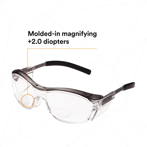 Safety Glasses With Built In Readers Plus 2.0 Diopter For Reading And Eye Protection ANSI Z87 Clear Lens Gray Frame