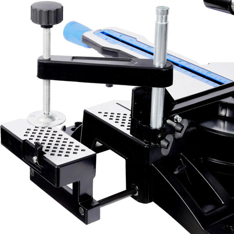Close-up of the Heavy Duty Pro Grade Sliding Compound Miter Saw With 12 Inch 80 Tooth Blade And 15 Amp Motor, showing adjustable clamp.