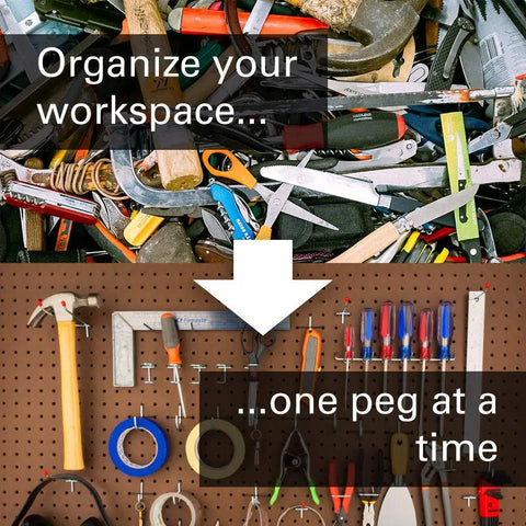 51 Piece Pegboard Hook Set for Garage Organization and Tool Storage displayed on a pegboard with organized tools.
