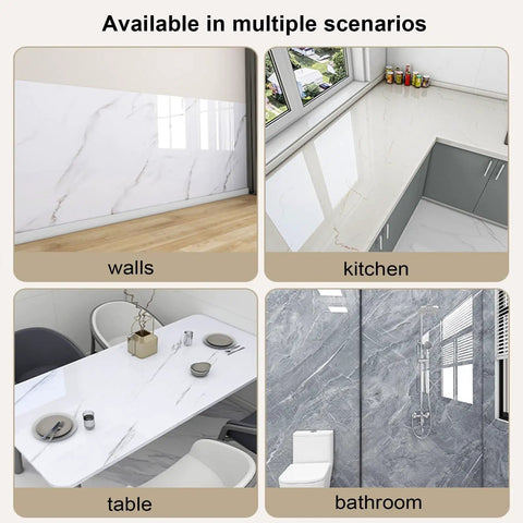 Premium Waterproof Marble Peel And Stick Wallpaper Slick Self Adhesive Decor Rolls shown in kitchen, bathroom, table and wall settings.