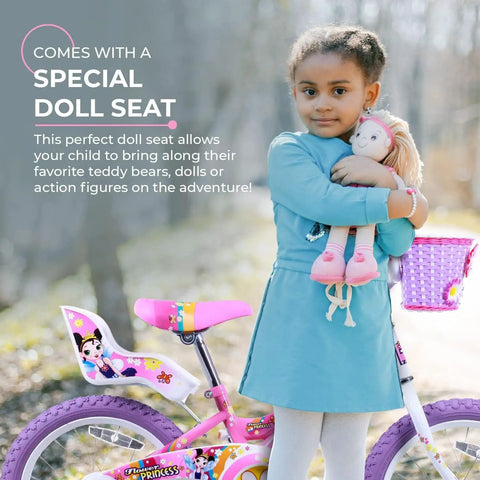 Girl holding doll next to Girls 16 Inch BMX Bike With Training Wheels, Utility Basket And Streamers, Pink Kid Bike For Beginners Aged 4 To 9, Lightweight Steel Frame, Safe Brakes, Easy Start For First Time Riders.
