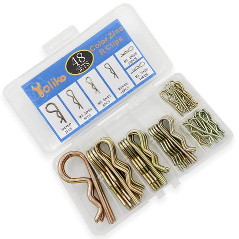 48 Piece Zinc Color Hitch Pin Clip Assortment Kit Featuring 6 Sizes R Clips Cotter Pins Hair Pins Retaining Pins For Dolly Pins Trailer Pins Tractor Equipment Replacement Set For Secure Quick Release Applications