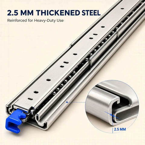 60 Inch Beefy Heavy Duty Drawer Slides With Full Extension Ball Bearing 500Lb Capacity Per Pair Ultra Solid Steel Build Smooth Silent Operation 76mm Rail Width Durable Hardware For Cabinets, 2.5 mm thick steel