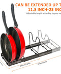 Level Up Your Kitchen Setup With This Expandable Under Cabinet Pot And Pan Lid Organizer Rack Crafted From Solid Iron With Soft Rubber Tips For Scratch Free Countertop Storage That Absolutely Flips The Script On Clutter, featuring two red pans and adjustable rack.