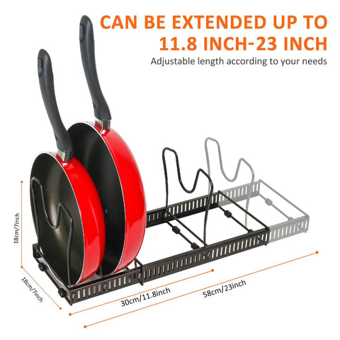 Level Up Your Kitchen Setup With This Expandable Under Cabinet Pot And Pan Lid Organizer Rack Crafted From Solid Iron With Soft Rubber Tips For Scratch Free Countertop Storage That Absolutely Flips The Script On Clutter, featuring two red pans and adjustable rack.