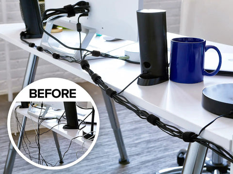 Comprehensive Cable Management Value Pack With 40 Self Gripping Ties 20 Labels And 12ft Perforated Roll used on desk wires.