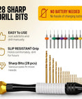 Micro Drill Bit Set With Pin Vise For DIY Jewelry Making Small Hand Drill PCB Mini Bits For Resin Beads Polymer Clay Beading Projects Precision Pins And Fine Detail Work 1mm To 2.5mm. Image shows 28 sharp drill bits with slip resistant grip.