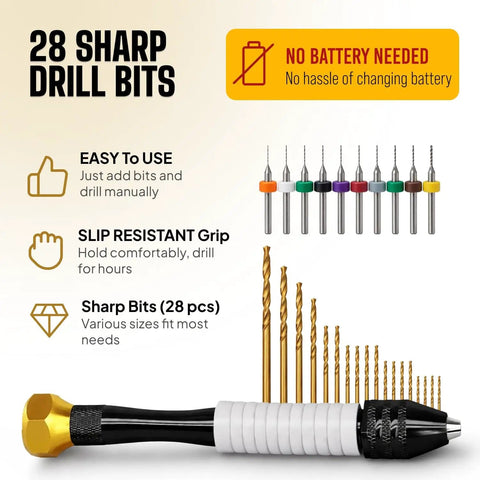 Micro Drill Bit Set With Pin Vise For DIY Jewelry Making Small Hand Drill PCB Mini Bits For Resin Beads Polymer Clay Beading Projects Precision Pins And Fine Detail Work 1mm To 2.5mm. Image shows 28 sharp drill bits with slip resistant grip.