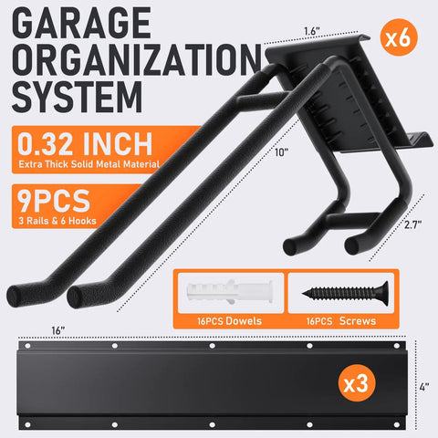 Garage Tool Organizer Wall Mount Kit, 48 Inch Heavy Duty Storage Rack with 3 Rails and 6 Hooks, installation hardware included
