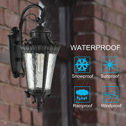 Dope Black Outdoor Wall Light Sconce With Rippled Water Glass Shade 21.6 Inch Tall Weatherproof Exterior Lantern in rain