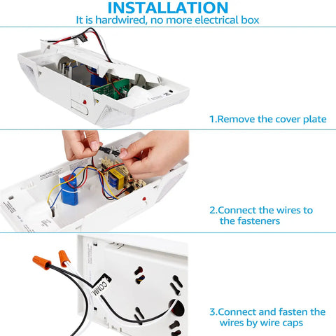 LED Emergency Lighting With Battery Backup, Two Square Head Exit Lights for Business, installation steps and wiring details.