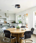Three Light Directional Spotlight Track Lighting Kit In Matte Black And Natural Wood Finish Semi Flush Mount Adjustable Heads in kitchen