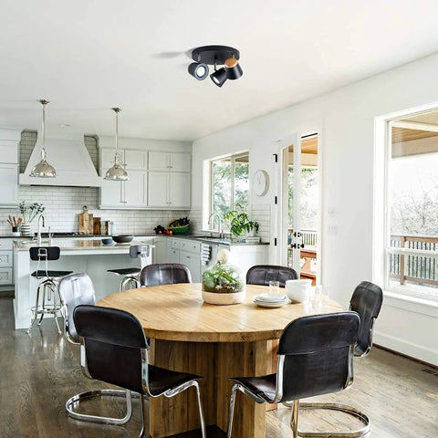 Three Light Directional Spotlight Track Lighting Kit In Matte Black And Natural Wood Finish Semi Flush Mount Adjustable Heads in kitchen