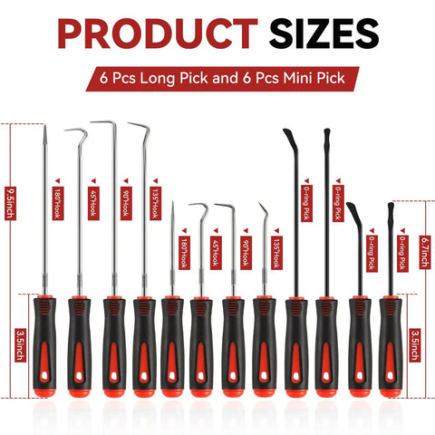 12 Piece Automotive Pick And Hook Tool Set For Mechanics, All In One Oil Seal Removal Kit With 4 Flat Hooks And 8 Precision Picks, Ideal For O Rings, Oil Seals, Gaskets, Hoses, And Seal Replacement, 6.7 and 9.5 inch