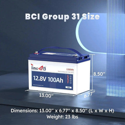 12V 100Ah LiFePO4 Battery With Built In 100A BMS Group 31 Compatible, dimensions 13x6.77x8.5 inches, 1280Wh.