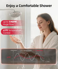 Heavy Duty 180000 BTU Indoor Natural Gas Tankless Water Heater Dishes Out 7.9 GPM Of Instant Hot Water With Sealed Combustion Tech For Cleaner Indoor Air And Zero Sweat Operation, woman enjoying a shower, temperature control display.