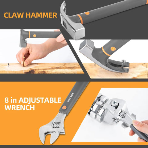 Compact DIY Tool Set For Home Improvement With Stackable Handy Tool Kit Including Adjustable Wrench, Screwdrivers, Hammer, Pliers, Tape Measure, Gift Ready Package For Home Maintenance And Quick Fixes showing claw hammer and adjustable wrench in use