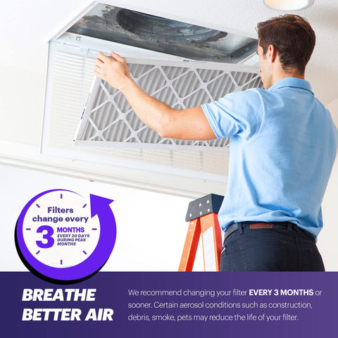 Person installing 20x25x1 Air Filter MERV 8 6 Pack Made In USA in ceiling vent, ladder and air quality sign visible.