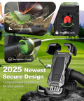 Kick Back And Play With This Hella Secure Golf Push Cart Phone Holder Mount Featuring Quick One Hand Install Universal Handlebar Clamp And Thick Silicone Padding For Your Phone. Image shows components like corner bumpers and one-step lock.
