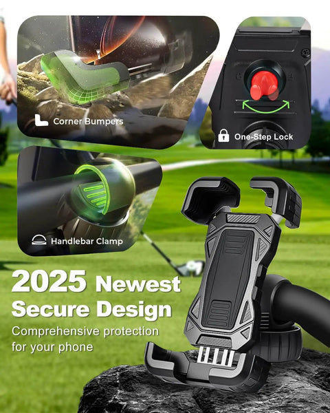 Kick Back And Play With This Hella Secure Golf Push Cart Phone Holder Mount Featuring Quick One Hand Install Universal Handlebar Clamp And Thick Silicone Padding For Your Phone. Image shows components like corner bumpers and one-step lock.