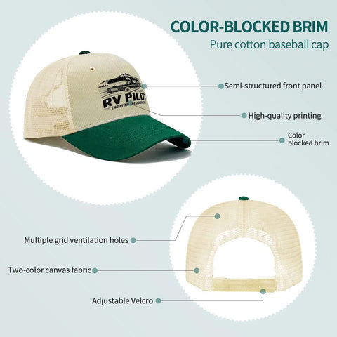 Dope RV Pilot Hat For Road Trips And Camping Adventures with green brim and adjustable back Velcro, beige mesh fabric