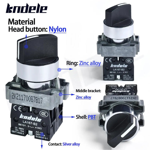Two Position Latching Rotary Selector Switch 10A 660VAC SPDT 1NO 1NC IP65 Waterproof 22mm Panel Mount Industrial with labeled materials