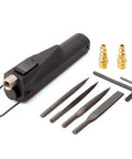 Kick Start Your Garage Shop Projects With This Compact Pneumatic Air File Featuring Four Heavy Duty Cutting Files For Rapid Deburring And Precision Finishing, showing tool kit with air file and cutting files.