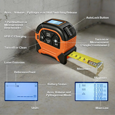 2-In-1 Laser Tape Measure With 197 Ft Laser Range And 16 Ft Manual Tape, Magnetic Hook, Pythagorean, Area And Volume Calculator, Digital Measuring Tool For Woodworking And DIY Projects, orange and black