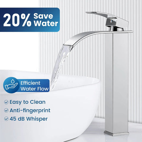 Vessel Sink Faucet Tall Waterfall Bathroom Faucet With Single Handle One Hole Mount Rectangular Spout Chrome Finish