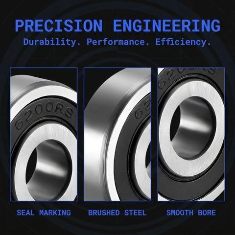 Close-up of 6200-2RS Deep Groove Ball Bearings 10X30X9mm showing seal marking and brushed steel, designed for heavy duty machinery repair.