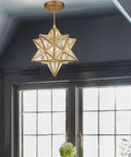 Brass Moravian Star Pendant Light With Seeded Glass Shade 11 Inch Ceiling Fixture For Living Room Boho Modern Rustic Vibe Handcrafted Star Design