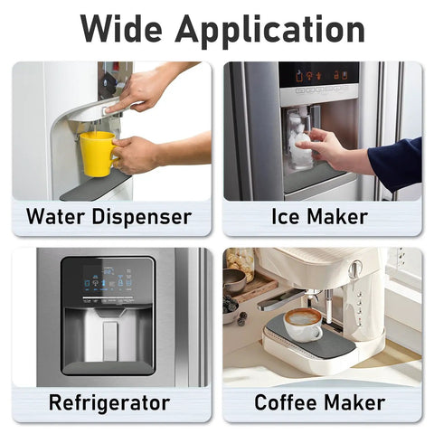 Four appliances showing use of Two Pack Fridge Drip Tray Mats Cuttable 8.3 By 3.1 Inches Absorbent Ice Dispenser Mat for Samsung Whirlpool GE.