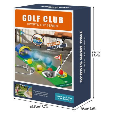 Box packaging of Dinosaur Themed Kids Golf Set For Ages 3 To 6 With Automatic Ball Returner Light Up Balls Indoor Outdoor Putting Mat