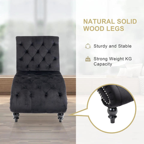 Velvet Upholstered Chaise Lounge Chair With Pillow, Button Tufted Armless Modern Backrest, Indoor Recliner Sofa, Black, front view