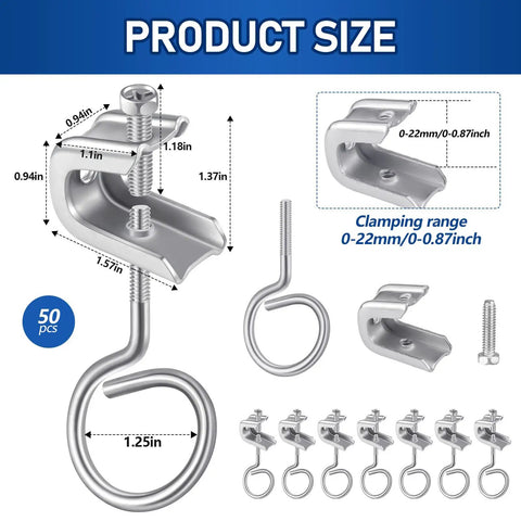 50 Piece Beam Clamps 1/4 X 20 Steel C Clamps With Screws And 50 Cable Ring Hangers 1 1/4 Inch Bridle Rings For Pipe Mounting, Heavy Duty Hardware Set That Withstands Up To 75 Lbs. size chart for steel clamp and 1.25-inch ring hanger