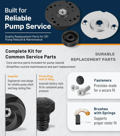 331 Pump Rebuild Kit For Straight Centrifugal Transfer Pumps with impeller and plug displayed