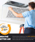 Person installing 20x23x1 MERV 11 Pleated Air Filter For HVAC And AC Systems Six Pack Made In USA, promote allergen defense.