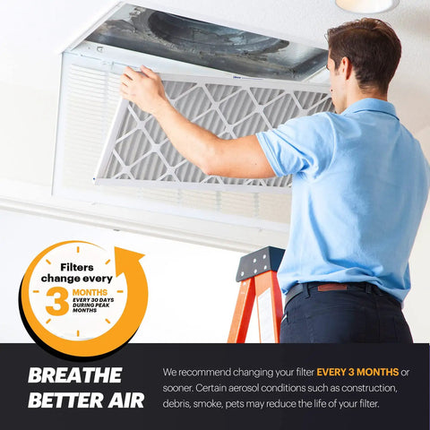 Person installing 20x23x1 MERV 11 Pleated Air Filter For HVAC And AC Systems Six Pack Made In USA, promote allergen defense.