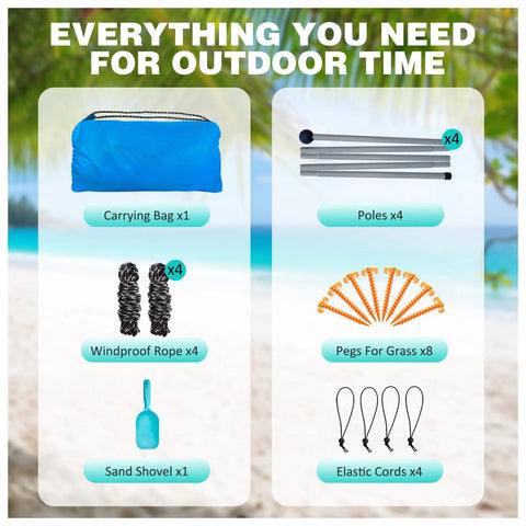 Beach Canopy Tent 11 By 11 Ft With 6 Sandbags, 4 poles, windproof ropes, carrying bag, pegs, and cords for outdoor setup