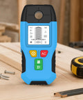 6-in-1 Stud Finder Wall Scanner Auto Shutoff LCD (Blue) resting on wooden surface with screws and tape measure in background.